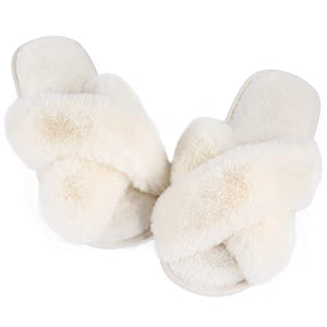 Ankis Women White Fuzzy Fluffy Slippers Soft cozy Plush Memory Foam Slipper Open Toe Bedroom comfy cross Band for Womens