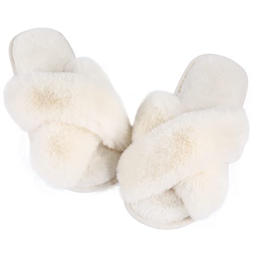Ankis Women White Fuzzy Fluffy Slippers Soft cozy Plush Memory Foam Slipper Open Toe Bedroom comfy cross Band for Womens
