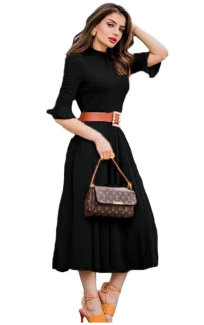 Anni Designer Women'S Lycra Cotton Solid Half Sleeve Belted Flowy Tiered A-Line Dress (Juli-Black-Nw_M_Black_Medium),Black,M