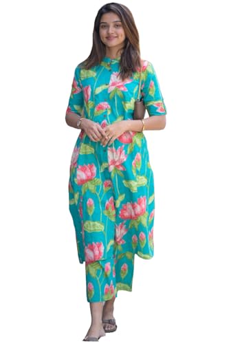 Anni Designer Women'S Rayon Viscose Straight Printed Kurta With Pant (Ladat Green-Vks01_M_Green_Medium),Green,M