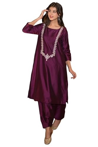 Anni Designer Women'S Rayon Blend Straight Embroidered Kurta With Pant (Galiyara Wine_S_Wine_Small),Wine,S