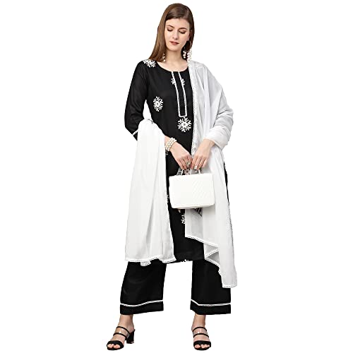 Anni Designer Women'S Cotton Blend Kurta With Palazzo & Dupatta (Saadgi_Black_Small),Black,S
