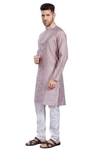 Divisive Men'S Mirror Embroidered Silk Blend Only Slim Fit Kurta (Dkrt819_Xl_Lavender)