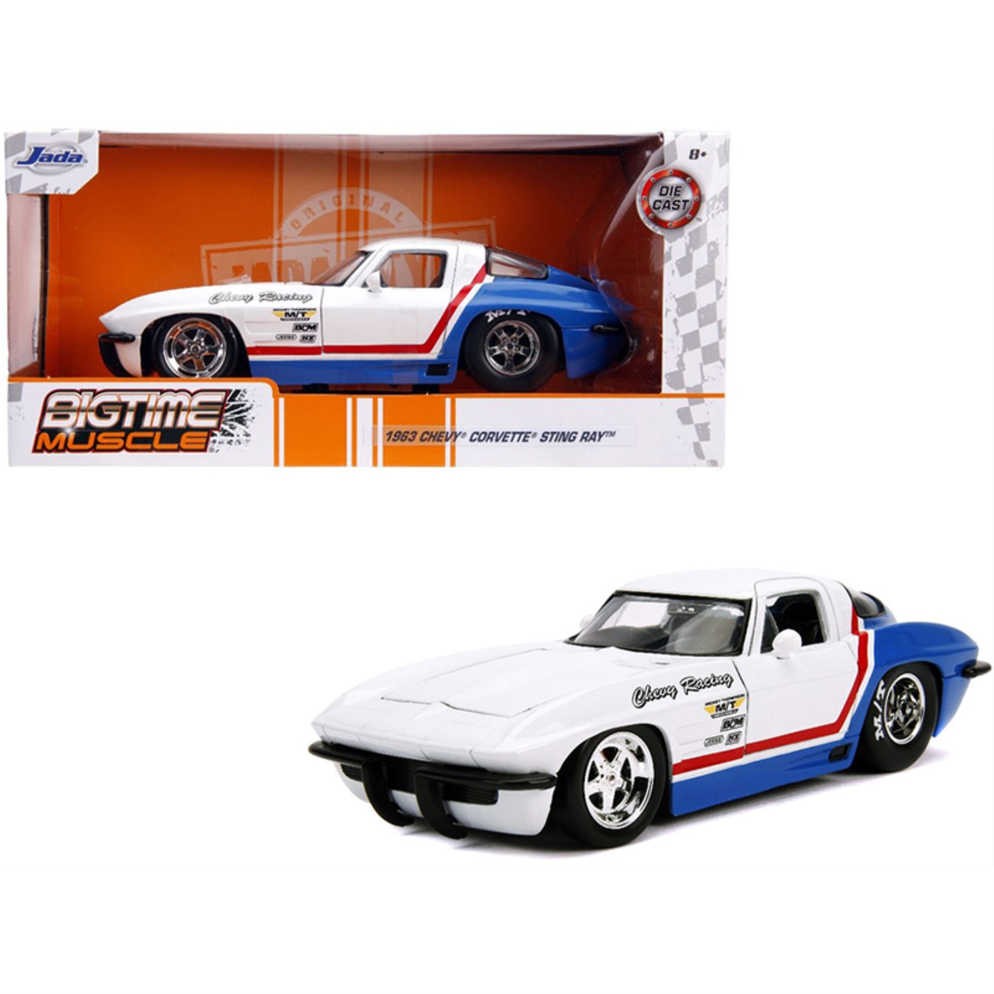 1963 Chevrolet Corvette Stingray White And Blue With Red Stripe Chevy Racing Bigtime Muscle 1/24 Diecast Model Car By Ja