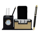 UAX | Pen Holder for Table Stylish | Wooden Pen Stand With Clock & Calender | Multipurpose Desk Organizer | Wooden Pen Stand For