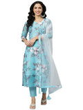 Anni Designer Women'S Cotton Blend Printed Straight Kurta With Pant & Dupatta (Itta Sty Blue_Xl_Blue_X Large),Blue,XL