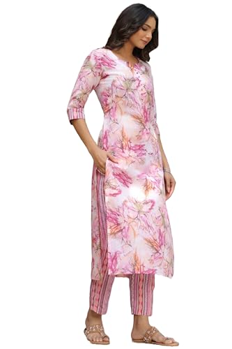Gosriki Women'S Cotton Blend Straight Printed Kurta With Pant (Ps-Pink-Bfv-Gs_M_Pink_Medium),Pink,,B0CPXVDBFJ