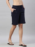 Enamor Essentials Women's Mid Rise Relaxed Fit 100% Cotton Knee Length Shorts Bermuda with Elasticated Waistband and Pockets - E080(E080-Navy-XL),Navy