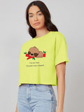 Kotty Women'S Printed Cotton Blend Oversized Crop T-Shirts,Maximum YellowApparel,XL