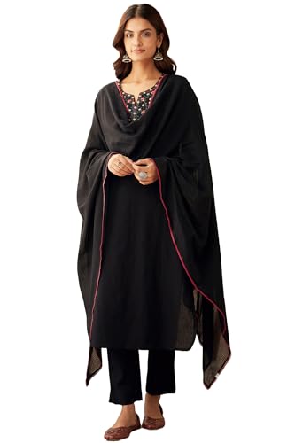 Anni Designer Women'S Rayon Blend Embroidered Straight Kurta With Pant & Dupatta (Sikha Black_Xxl_Black_Xx-Large),Black,2XL