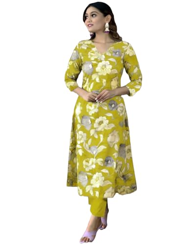 Anni Designer Women'S Cotton Blend Straight Printed Kurta With Pant (Dhun Lemon_L_Lemon_Large),Lemon,L