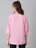 Kotty Women'S Printed, Typography Round Neck Cotton Blend 3/4 Sleeve T-Shirt(Pink,S)
