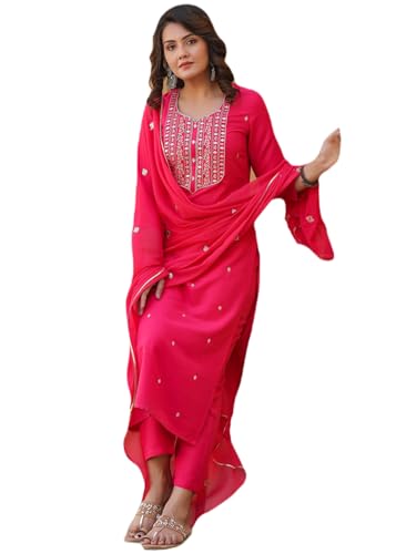 Anni Designer Women'S Rayon Blend Embroidered Straight Kurta With Pant & Dupatta (Kasturi Pink-Nw_Xl_Pink_X-Large),Pink,XL
