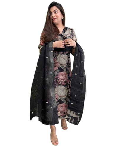 Anni Designer Women'S Cotton Blend Straight Printed Kurta With Pant & Dupatta (Poona Black_4Xl_Black_Xxxx-Large),Black,4XL