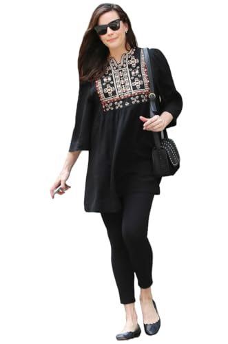 Anni Designer Women'S Tunics Tops Rayon Viscose Embroidered Short Top For Women (Belliza Black_S_Black_Small),Black,S