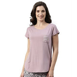 Enamor Essentials Women's Relaxed Fit Hip Length Cap Sleeves Scoop Neck 4 Way Stretch Soft & Luxurious Viscose Spandex Lounge Tee - E301(E301-Mauve Pink /Positive Graphic-M),Mauve Pink/Positive
