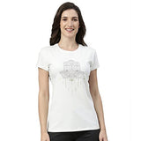 Enamor Essentials Women's Short Sleeve Crew Neck Slim Fit Breathable Stretch Cotton Tee With Graphic - E147(E147-Ivory/Hamsa Graphic-XL),Ivory/Hamsa Graphic
