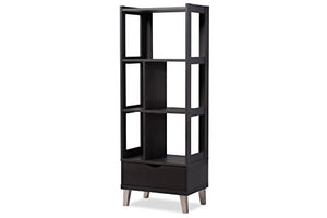 Baxton Studio Kalien Modern & Contemporary Wood Leaning Bookcase With Display Shelves & One Drawer, Dark Brown