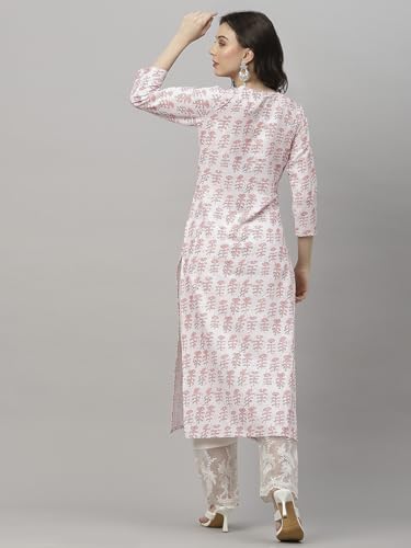 Anni Designer Women'S Cotton Blend Straight Yoke Design Printed Kurta (Chameli Peach-Kfv_S_Peach_Small),Peach,S,Cotton Blend,Regular,