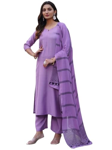 Anni Designer Women'S Rayon Blend Solid Straight Kurta With Pant & Dupatta (Raja Saab Purple-Vks05_4Xl_Purple_Xxxx-Large),Purple,4XL