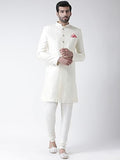 Kisah Men Off-White Self-Design Cotton Sherwani Set, Full Sleaves, Knee Length, Straight, Regular Fit, Mandarin Collar Ethnic Ca