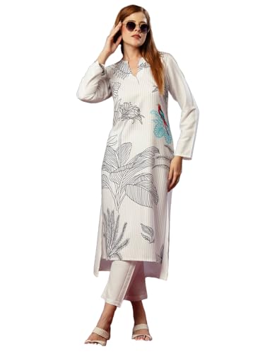 Anni Designer Women'S Cotton Blend Straight Printed Kurta With Pant (Nabhita White-Jl_M_White_Medium),White,M