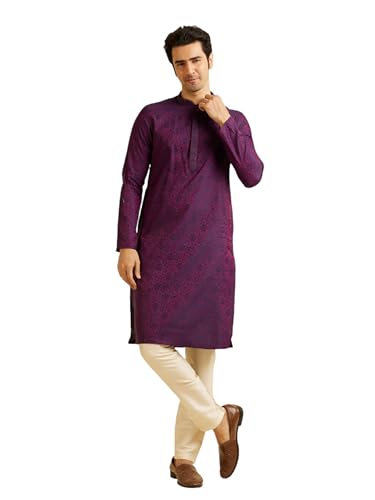 Manyavar Men'S Viscose Blend Jacquard Embroidered Kurta Pyjama Set (Purple,L)