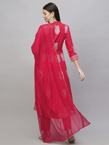 Anni Designer Women'S Cotton Blend Anarkali Printed Kurta With Pant & Dupatta (Layla Pink_M_Pink_Medium),Pink,M,Cotton Blend,Layla Pink_1518,