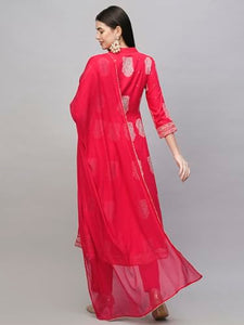 Anni Designer Women'S Cotton Blend Anarkali Printed Kurta With Pant & Dupatta (Layla Pink_M_Pink_Medium),Pink,M,Cotton Blend,Layla Pink_1518,