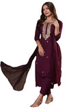 Gosriki Women'S Cotton Blend Straight Embroidered Kurta With Pant & Dupatta (Kesu Wine-Gs_Xl_Wine_X-Large),Wine,,B0DM1V1BJJ