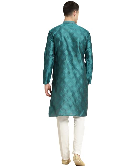 Sojanya (Since 1958 Men'S Jacquard Silk Peacock Blue Self Design Kurta & Off White Churidar Pyjama Set Peacock Blue & Gold Xl