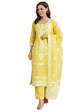 Yellow Floral Woven Design Straight Kurta & Wide Leg Solid Trouser With Woven Dupatta