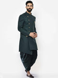 Kisah Men'S Indo-Western Sherwani Dhoti Set, Green Cotton Blend, Solid Dyed Regular Fit Long Sleeves Mandarin Collar (38)