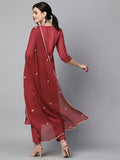 Gosriki Women'S Cotton Blend Embroidered Straight Kurta With Pant & Dupatta (Kasturi Maroon-Ngt-Gs_S_Maroon_Small),Maroon,,B0CKLR8481