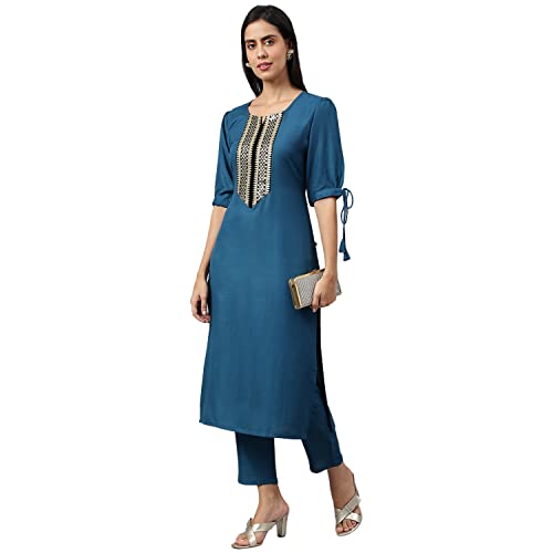Gosriki Women'S Cotton Blend Printed Straight Kurta With Pant (Mikini Blue_New_S-Go_Blue_Small),Blue,,B0B4FXTBKQ