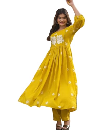 Gosriki Women'S Rayon Blend Anarkali Printed Kurta With Pant (Anveshi Yellow-Vks01-Gs_Xxl_Yellow_Xx-Large),Yellow,2,B0DP2C61H3