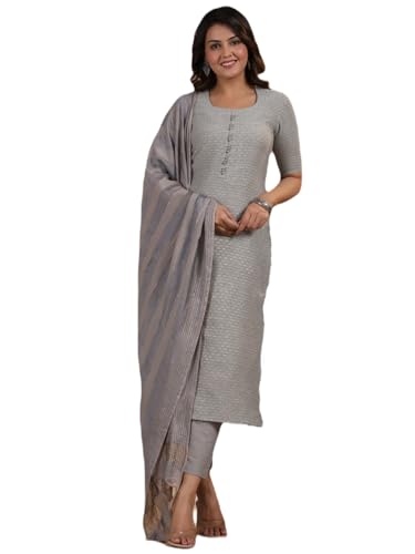 Anni Designer Women'S Rayon Blend Printed Straight Kurta With Pant & Dupatta (Nukad Grey-Nw_Xl_Grey_X-Large),Grey,XL