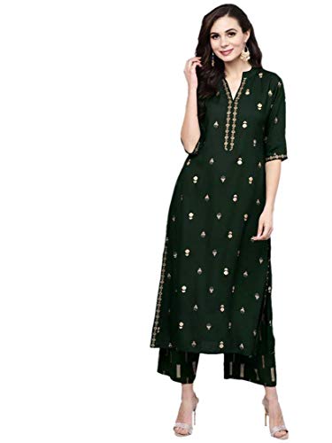 Gosriki Women'S Cotton Straight Kurta With Palazzo (Gshk122_L_Green_Large),Green,,B09H37D43P