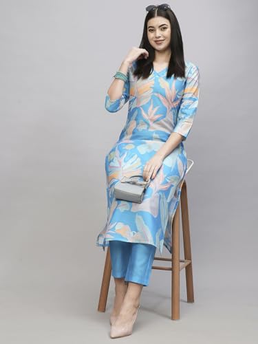 Anni Designer Women'S Cotton Blend Printed Straight Kurta With Pant Pack Of 2 (Jonaki Blue-Chinki Green_L_Multi_Large),Multicolour,L,Cotton Blend,Regular,Kurta