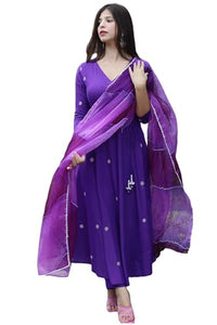 Anni Designer Women'S Cotton Blend Anarkali Embroidered Kurta With Pant & Dupatta (Gsk-Purple_M_Purple_Medium),Purple,M