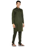 Manyavar Cotton Solid Casual Kurta Set for Men Green