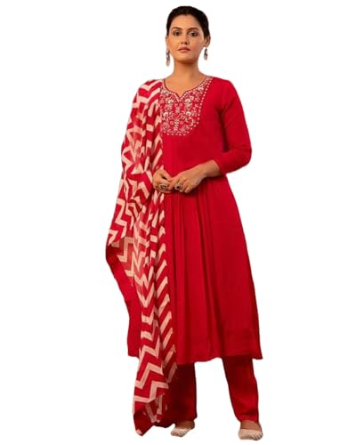 Anni Designer Women'S Rayon Blend Anarkali Embroidered Kurta With Pant & Dupatta (Varalaxmi Red_Xxl_Red_Xx-Large),Red,2XL