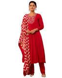 Anni Designer Women'S Rayon Blend Anarkali Embroidered Kurta With Pant & Dupatta (Varalaxmi Red_Xxl_Red_Xx-Large),Red,2XL