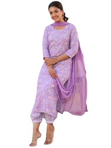 Anni Designer Women'S Rayon Blend Printed Straight Kurta With Pant & Dupatta (Welco-Purple-Nw_M_Purple_Medium),Purple,M