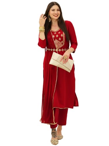 Anni Designer Women'S Cotton Blend Embroidered Straight Kurta With Pant & Dupatta (Bgm Maroon_Xxl_Maroon_Xx-Large),Maroon,2XL