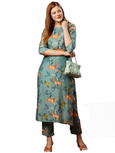 Anni Designer Women'S Cotton Blend Straight Printed Kurta With Pant (Haribala Pista_M_Pista_Medium),Pista,M