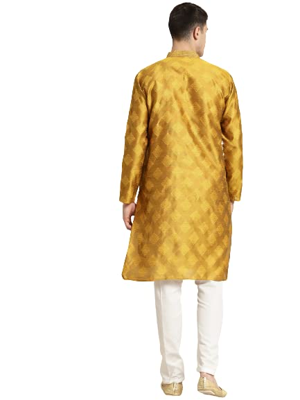 Sojanya (Since 1958 Men'S Jacquard Silk Mustard & Self Design Kurta & Off White Churidar Pyjama Set Mustard & Gold M