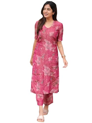 Anni Designer Women'S Rayon Viscose Straight Printed Kurta With Pant (Tisur Pink-Vks01_Xxl_Pink_Xx-Large),Pink,2XL
