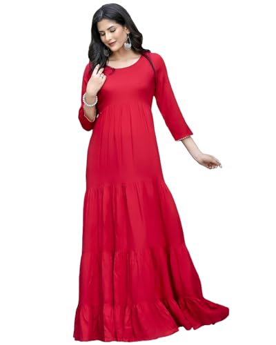 Gosriki Women'S Cotton Blend Solid Traditional Ethnic Long Flared Gown (Shasha Red-Gs_Xl_Red_X-Large),Red,,B0D41R91N1