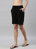 Enamor Essentials Women's Mid Rise Relaxed Fit 100% Cotton Knee Length Shorts Bermuda with Elasticated Waistband and Pockets - E080(E080-Jet Black-M),Jet Black